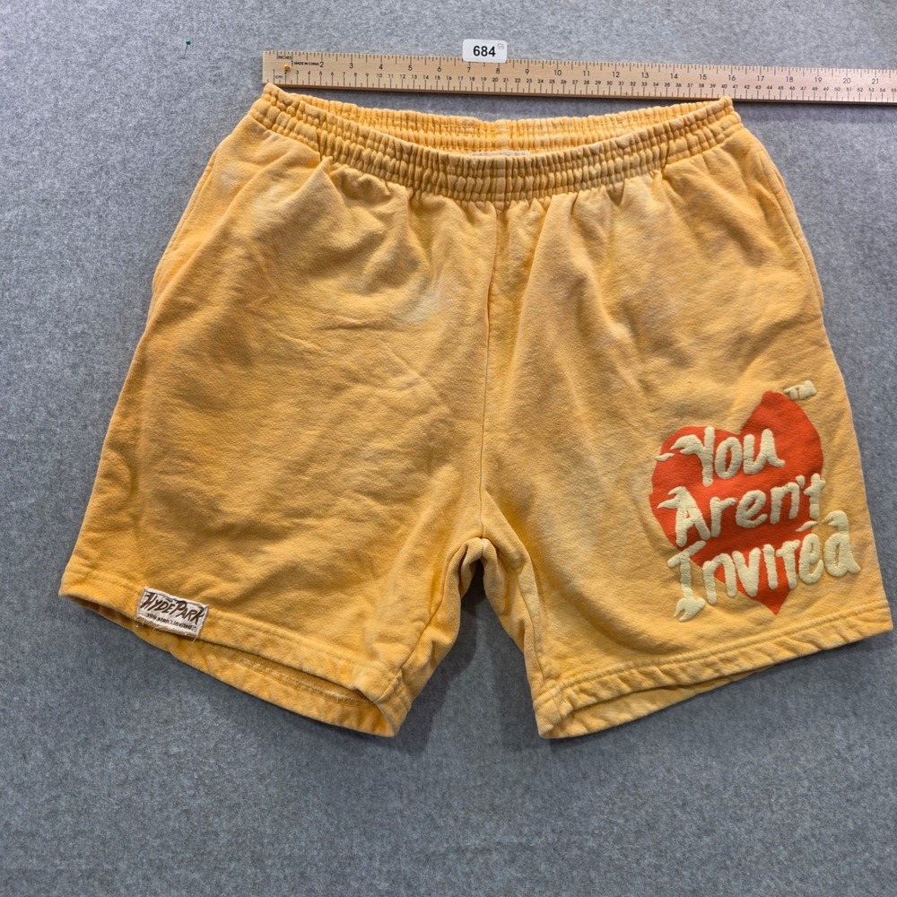 Hyde Park You Aren't Invited Yellow Acid Wash Puff Print Sweat Shorts Mens XL